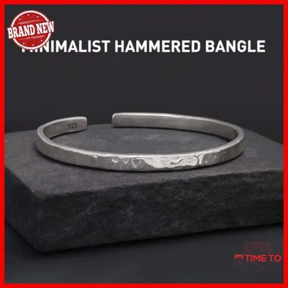 925 Sterling Silver Hammered Cuff Bangle Bracelet, Adjustable Minimalist Jewelry